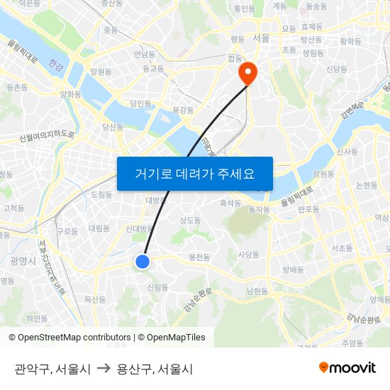 관악구, 서울시 to 용산구, 서울시 map