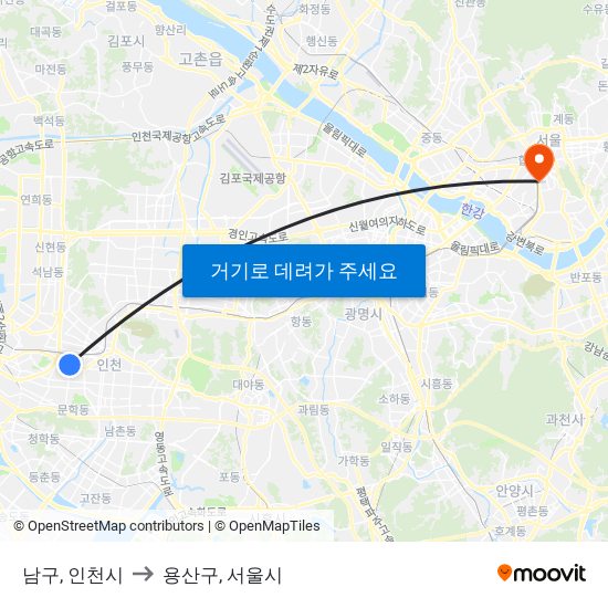 남구, 인천시 to 용산구, 서울시 map