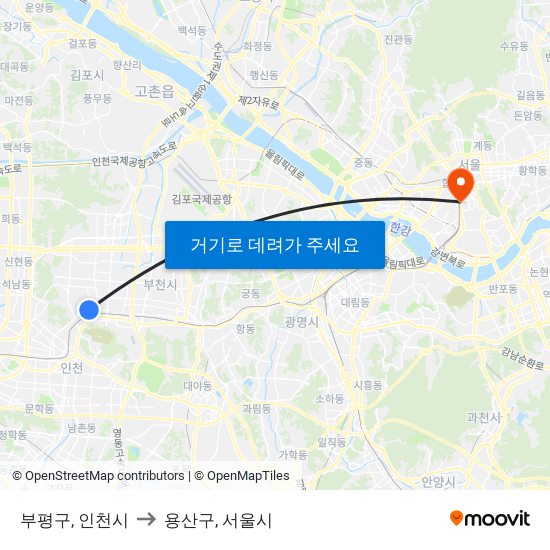 부평구, 인천시 to 용산구, 서울시 map