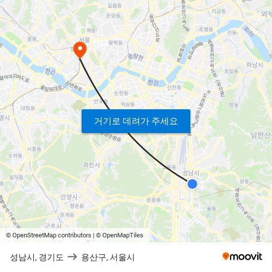 성남시, 경기도 to 용산구, 서울시 map