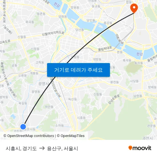 시흥시, 경기도 to 용산구, 서울시 map
