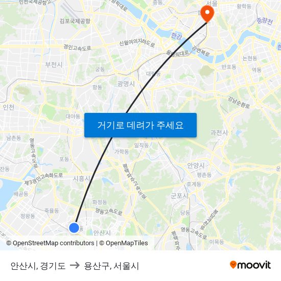 안산시, 경기도 to 용산구, 서울시 map