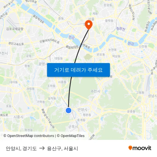 안양시, 경기도 to 용산구, 서울시 map