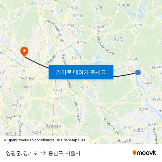 양평군, 경기도 to 용산구, 서울시 map