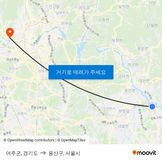 여주군, 경기도 to 용산구, 서울시 map