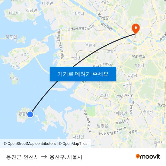 옹진군, 인천시 to 용산구, 서울시 map