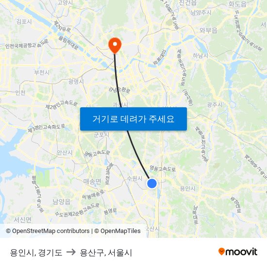 용인시, 경기도 to 용산구, 서울시 map