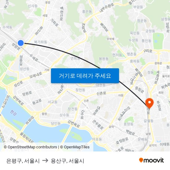 은평구, 서울시 to 용산구, 서울시 map