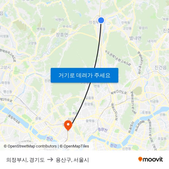 의정부시, 경기도 to 용산구, 서울시 map
