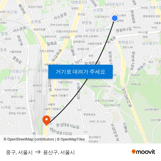 중구, 서울시 to 용산구, 서울시 map