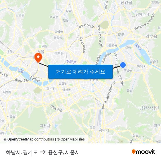 하남시, 경기도 to 용산구, 서울시 map