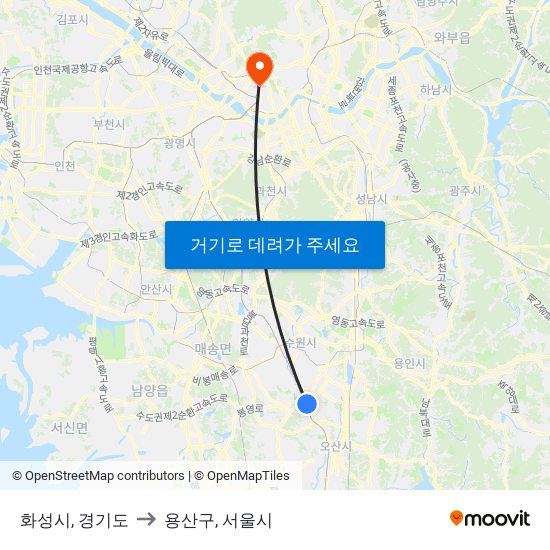 화성시, 경기도 to 용산구, 서울시 map