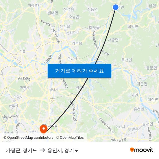 가평군, 경기도 to 용인시, 경기도 map