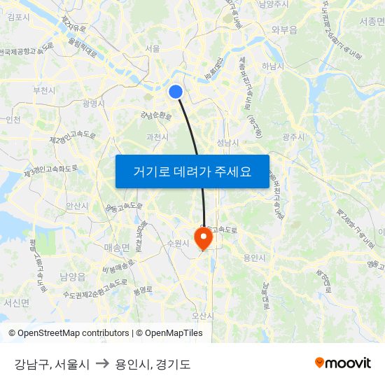 강남구, 서울시 to 용인시, 경기도 map