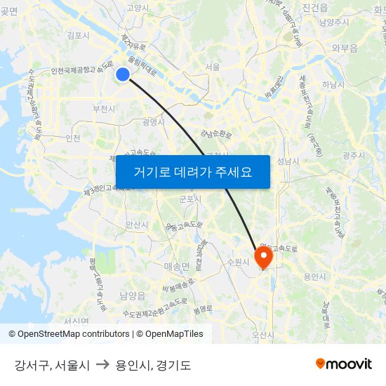 강서구, 서울시 to 용인시, 경기도 map