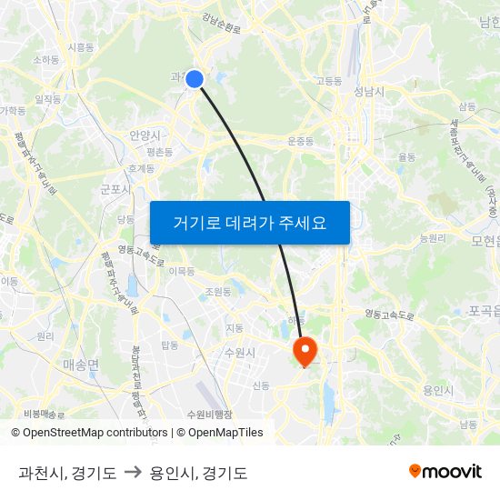 과천시, 경기도 to 용인시, 경기도 map