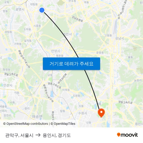 관악구, 서울시 to 용인시, 경기도 map