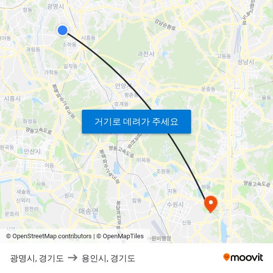 광명시, 경기도 to 용인시, 경기도 map