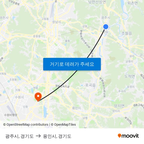 광주시, 경기도 to 용인시, 경기도 map