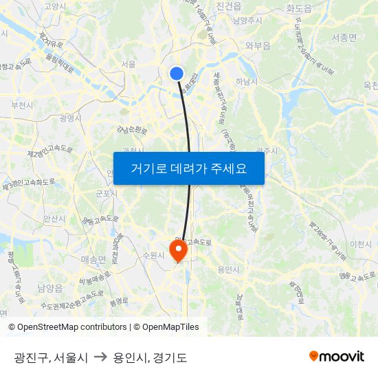 광진구, 서울시 to 용인시, 경기도 map