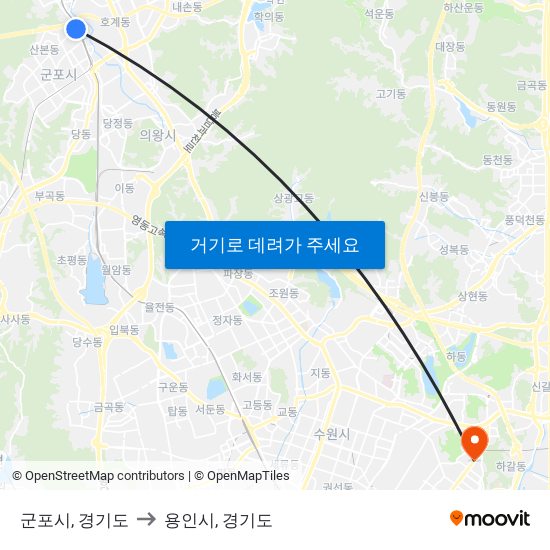 군포시, 경기도 to 용인시, 경기도 map