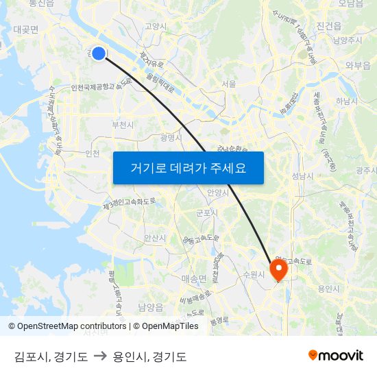 김포시, 경기도 to 용인시, 경기도 map