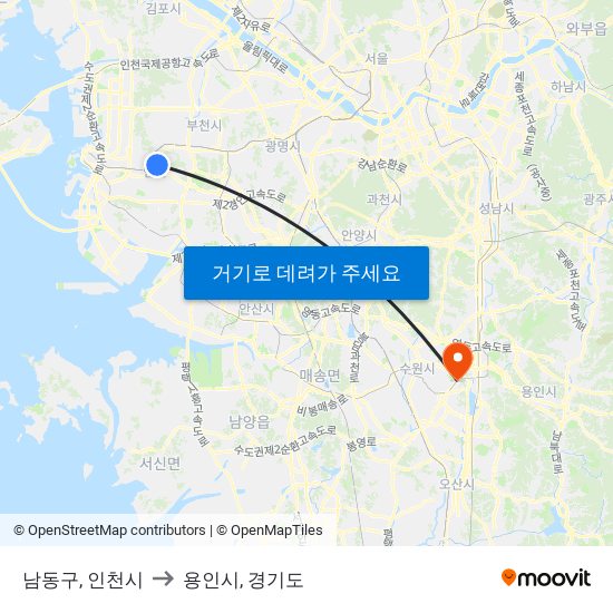 남동구, 인천시 to 용인시, 경기도 map