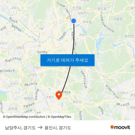 남양주시, 경기도 to 용인시, 경기도 map