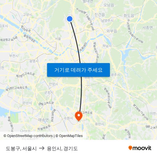 도봉구, 서울시 to 용인시, 경기도 map