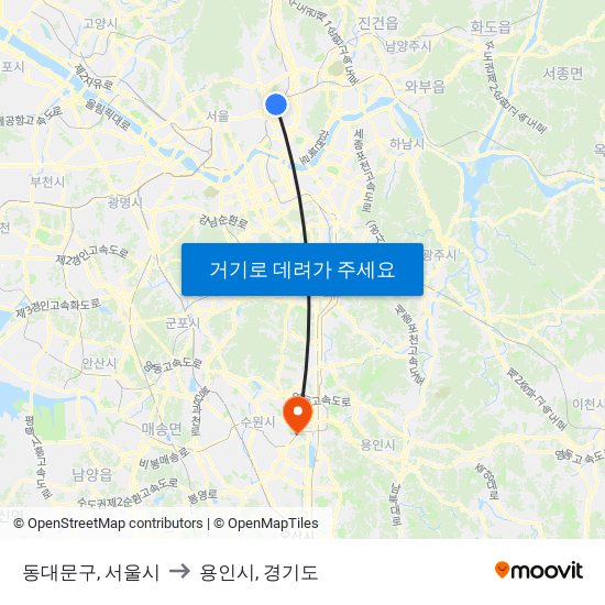 동대문구, 서울시 to 용인시, 경기도 map