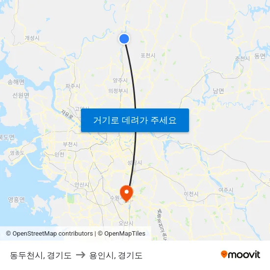 동두천시, 경기도 to 용인시, 경기도 map