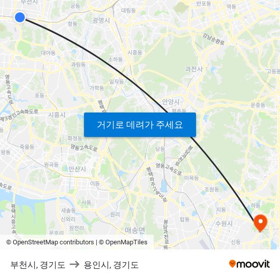 부천시, 경기도 to 용인시, 경기도 map