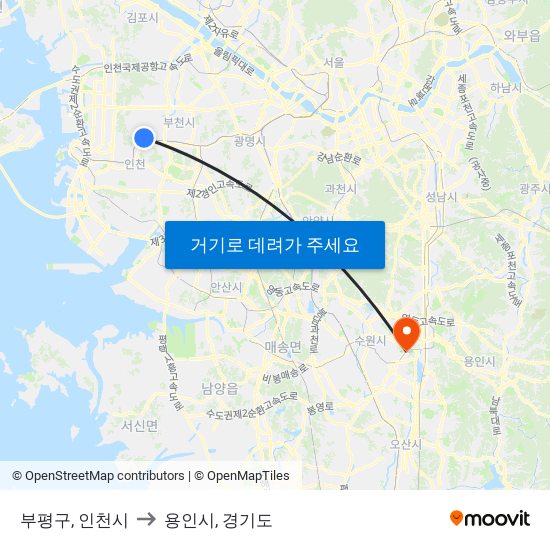 부평구, 인천시 to 용인시, 경기도 map