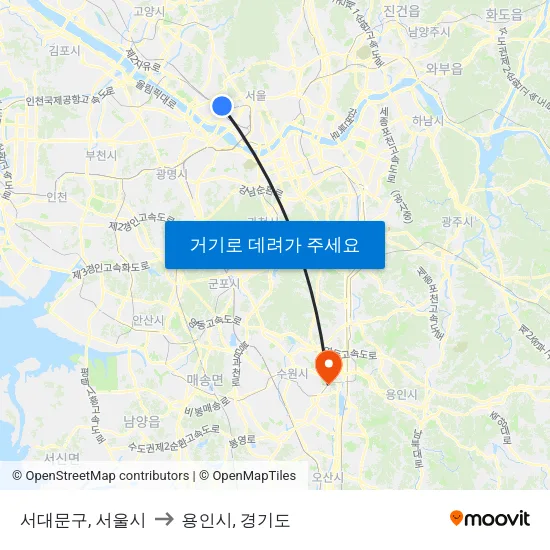 서대문구, 서울시 to 용인시, 경기도 map