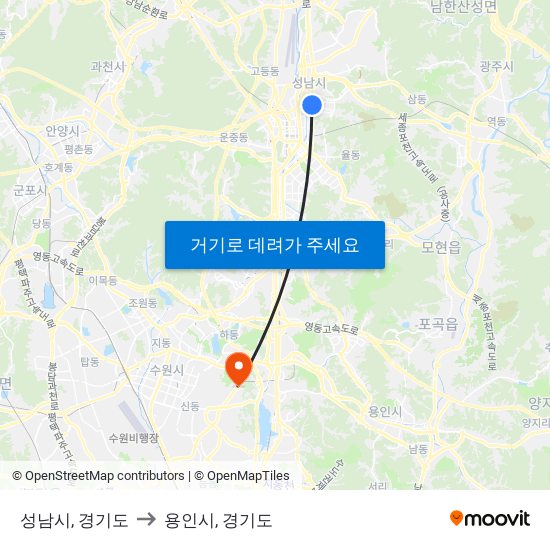 성남시, 경기도 to 용인시, 경기도 map