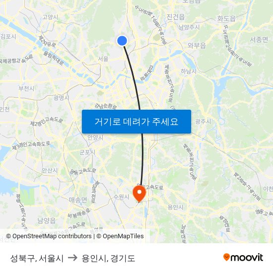 성북구, 서울시 to 용인시, 경기도 map