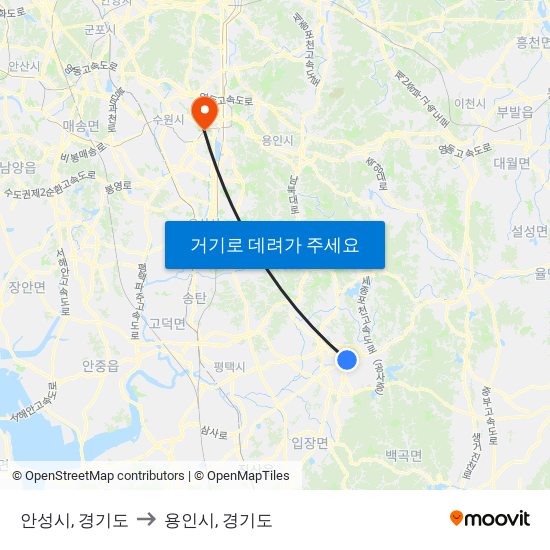 안성시, 경기도 to 용인시, 경기도 map
