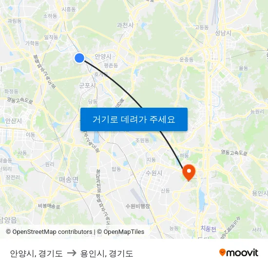 안양시, 경기도 to 용인시, 경기도 map