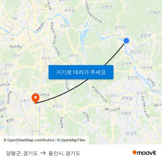 양평군, 경기도 to 용인시, 경기도 map