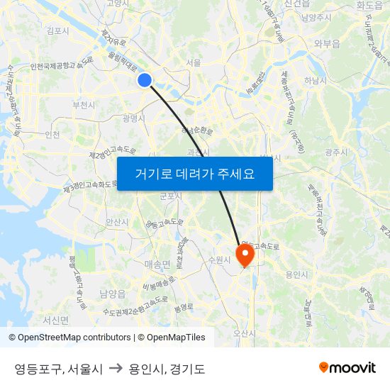 영등포구, 서울시 to 용인시, 경기도 map