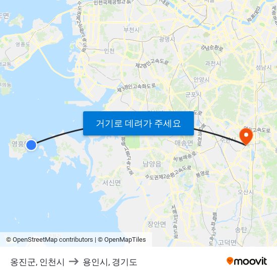 옹진군, 인천시 to 용인시, 경기도 map