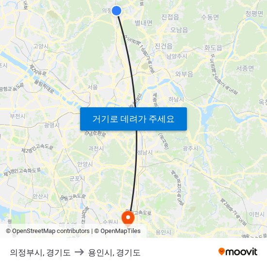 의정부시, 경기도 to 용인시, 경기도 map