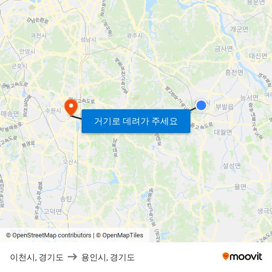 이천시, 경기도 to 용인시, 경기도 map