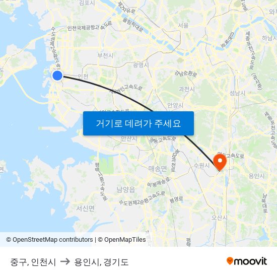 중구, 인천시 to 용인시, 경기도 map