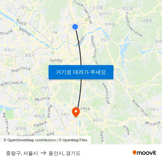 중랑구, 서울시 to 용인시, 경기도 map