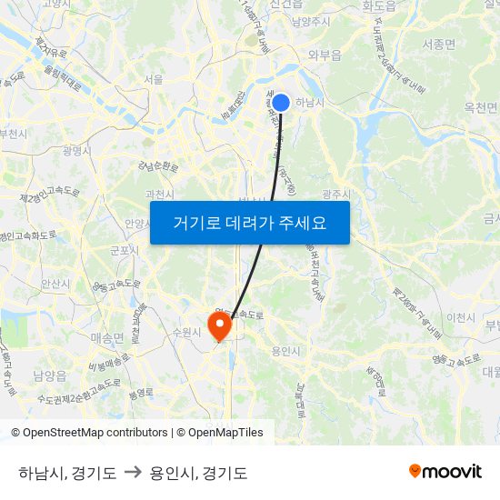 하남시, 경기도 to 용인시, 경기도 map