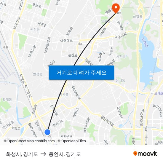 화성시, 경기도 to 용인시, 경기도 map