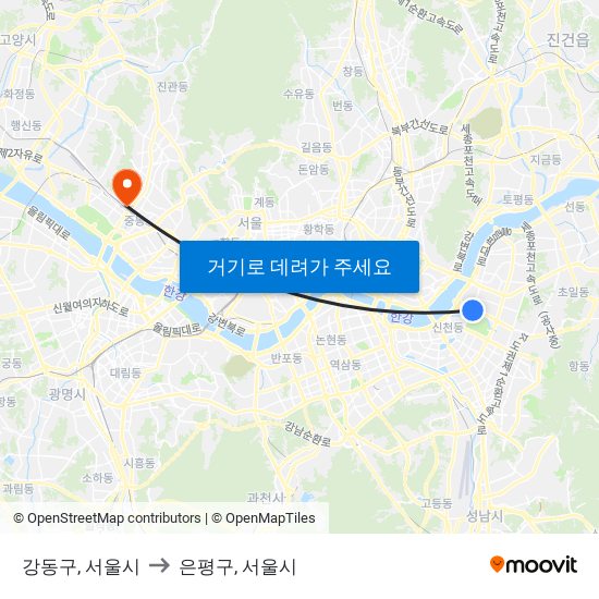 강동구, 서울시 to 은평구, 서울시 map