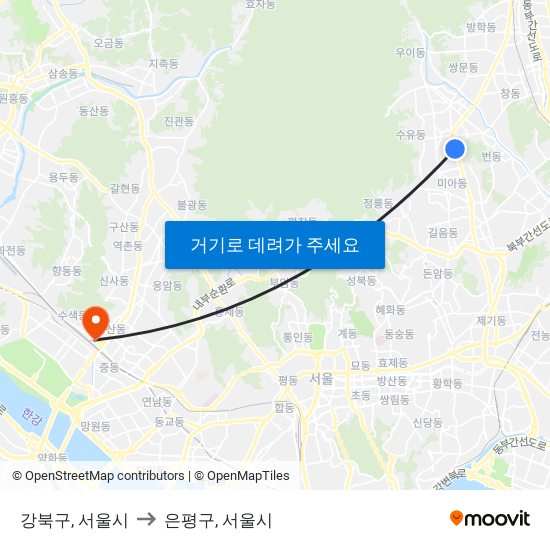 강북구, 서울시 to 은평구, 서울시 map