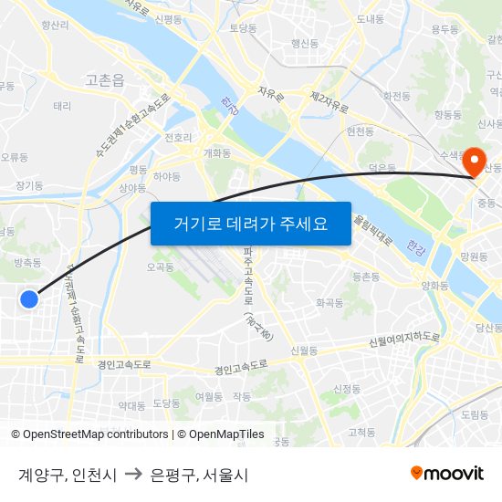 계양구, 인천시 to 은평구, 서울시 map